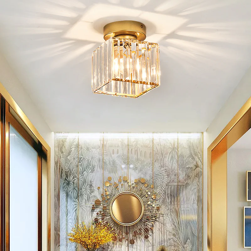 Modern Crystal Flush Mount Ceiling Light Brass Hallway Lamp