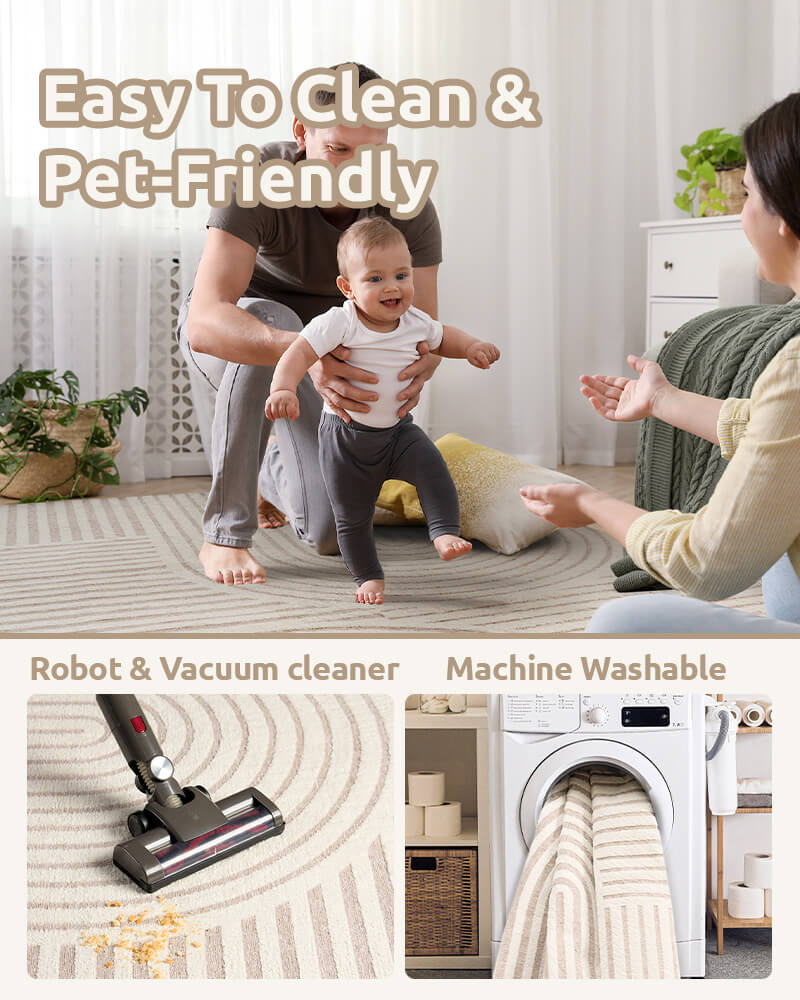 Echo Collection | Washable Area Rug in Beige with Non-Slip Backing | Cozy & Safe for Homes with Kids and Pets