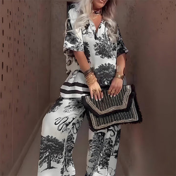 Effortless Style | Women's Outfit Set with Printed V-Neck Top & Flowing Pants | Lightweight Comfort for Summer Elegance