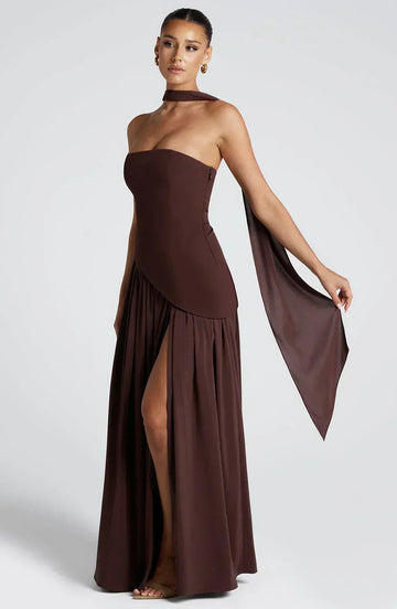 Elegant Asymmetric Maxi Dress | Strapless Design with High Slit for Formal Events