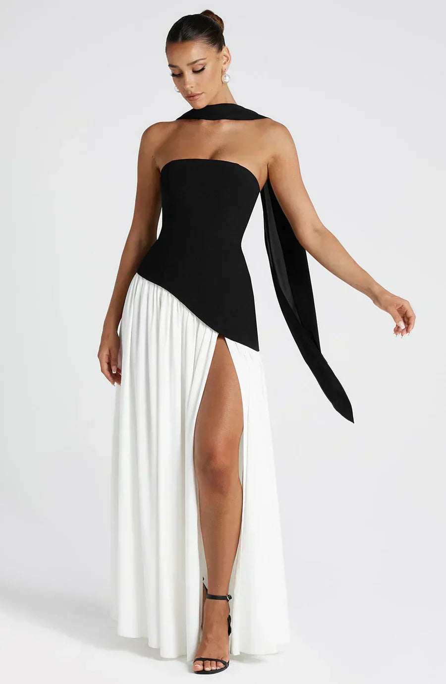 Elegant Asymmetric Maxi Dress | Strapless Design with High Slit for Formal Events