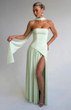 Elegant Asymmetric Maxi Dress | Strapless Design with High Slit for Formal Events