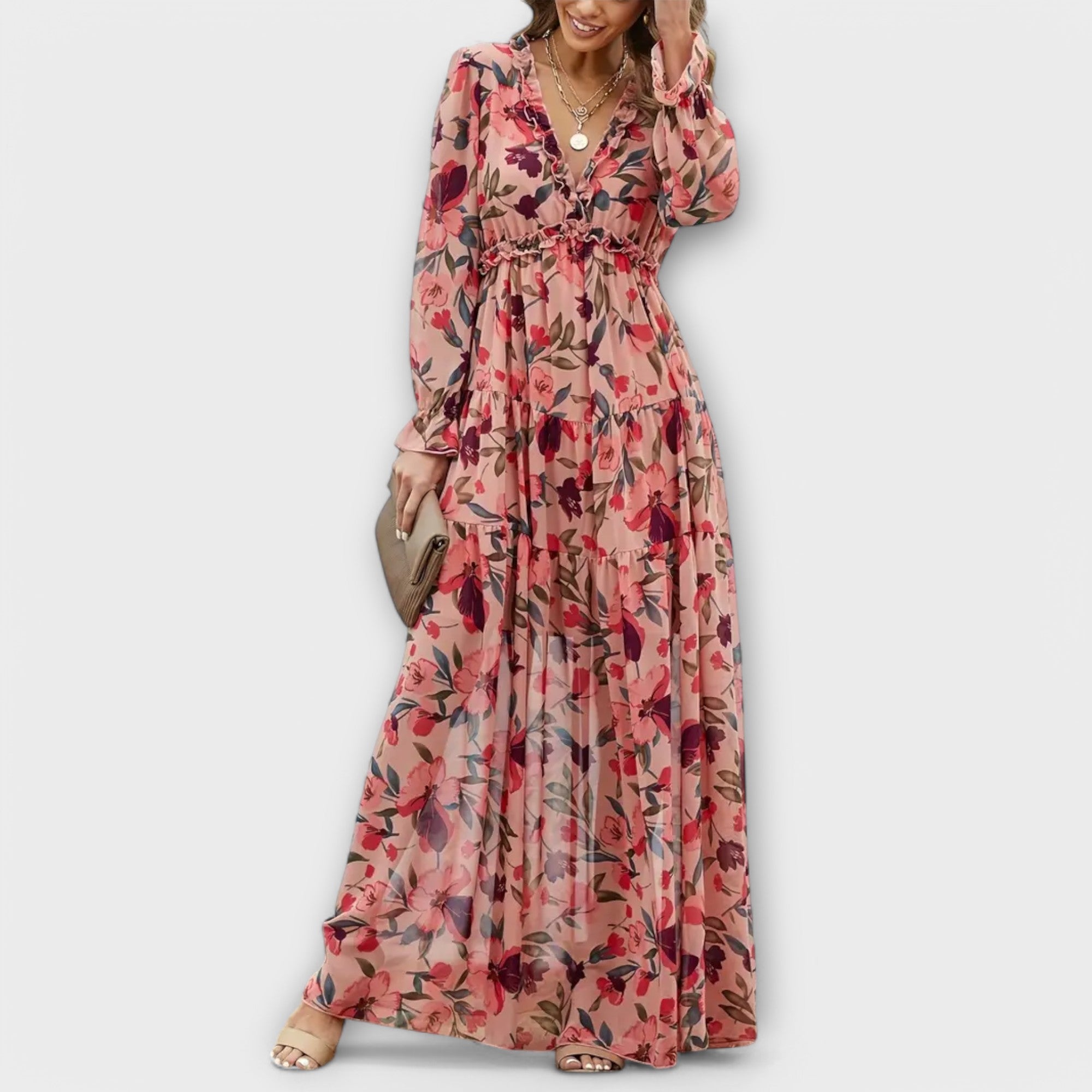Elegant Collection | Floral Maxi Dress with Long Sleeves & V-Neckline | Chic Style for Effortless Elegance