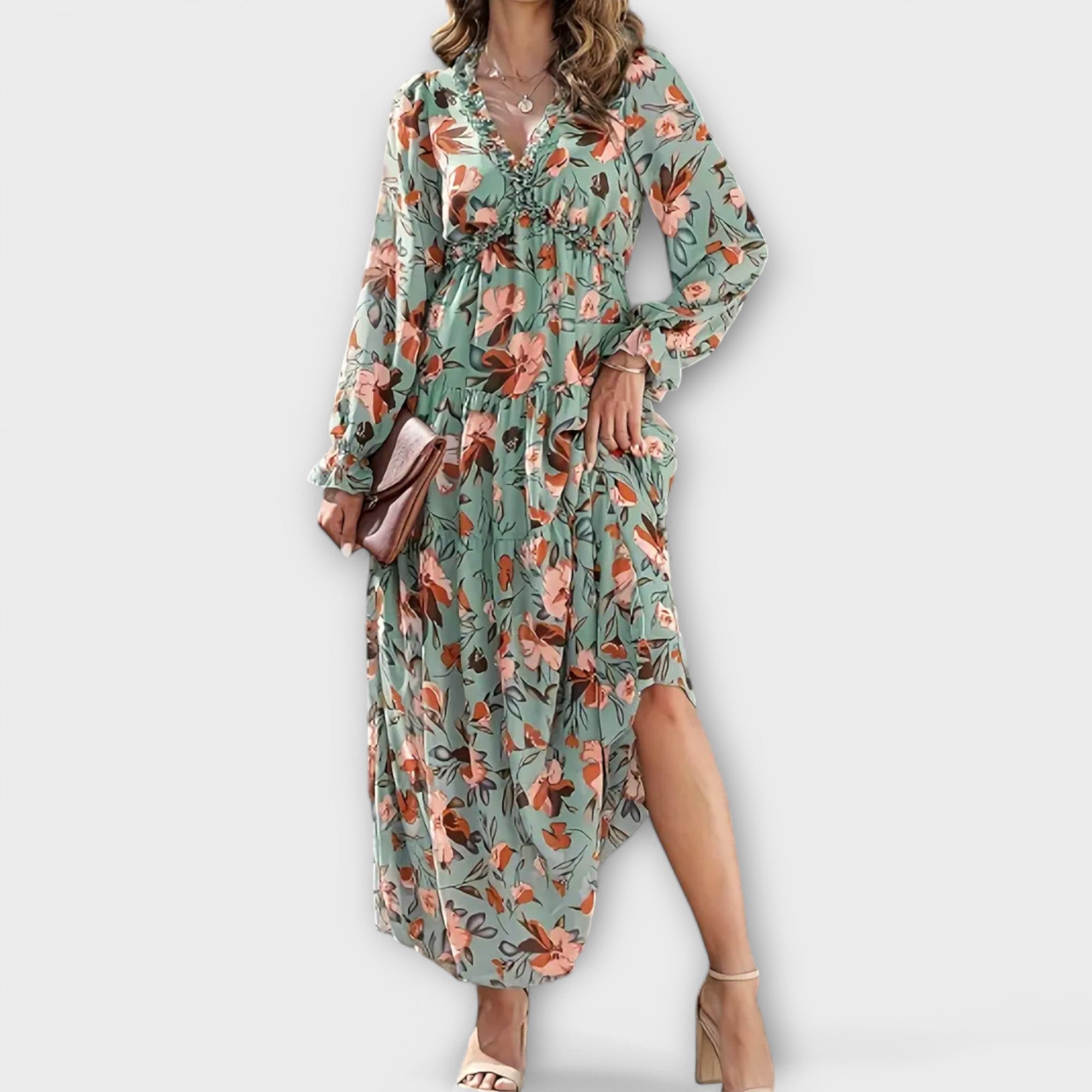 Elegant Collection | Floral Maxi Dress with Long Sleeves & V-Neckline | Chic Style for Effortless Elegance