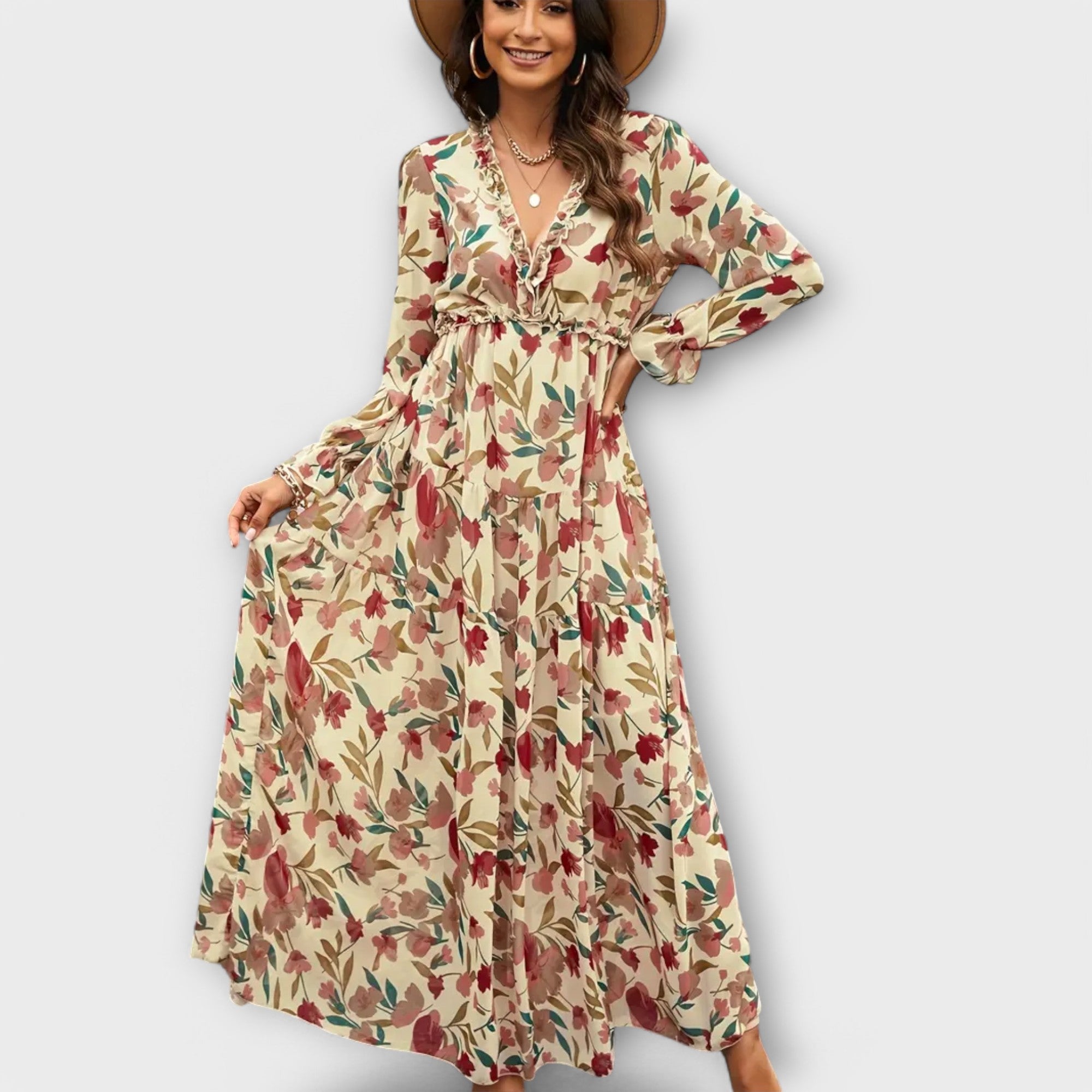Elegant Collection | Floral Maxi Dress with Long Sleeves & V-Neckline | Chic Style for Effortless Elegance