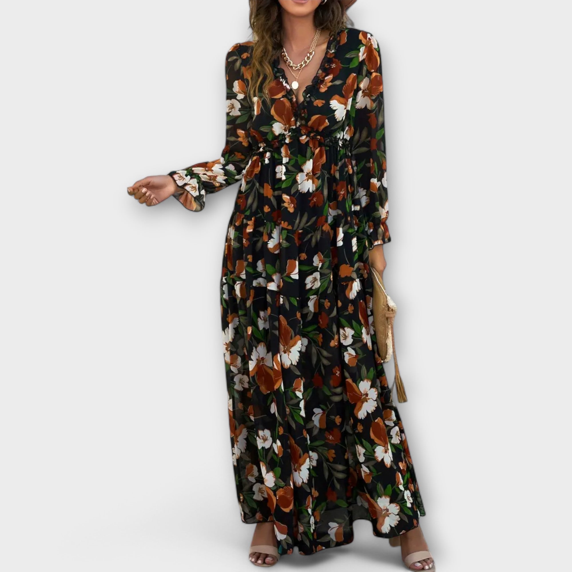 Elegant Collection | Floral Maxi Dress with Long Sleeves & V-Neckline | Chic Style for Effortless Elegance