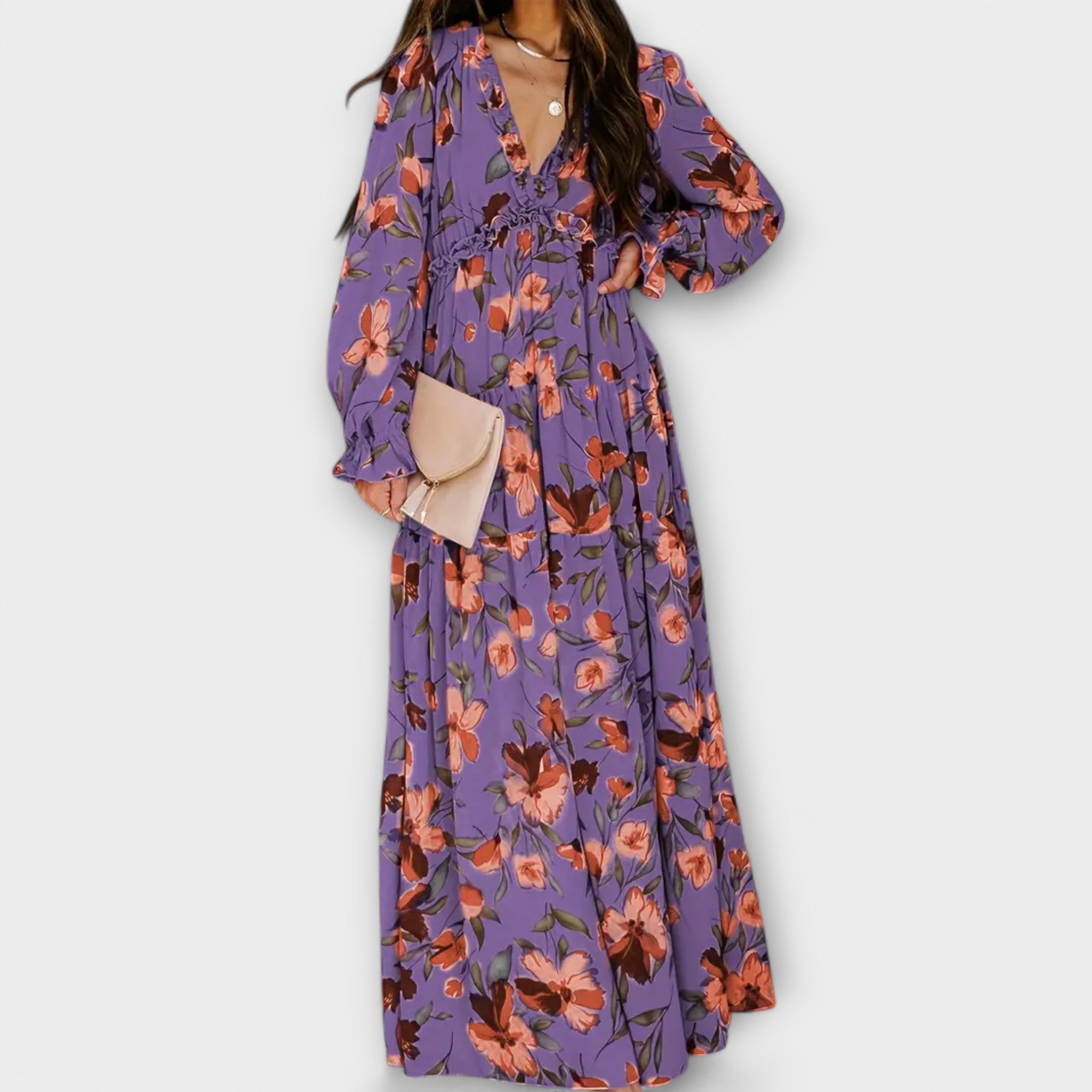 Elegant Collection | Floral Maxi Dress with Long Sleeves & V-Neckline | Chic Style for Effortless Elegance