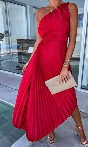 Elegant Collection | One Shoulder Maxi Dress with Pleated Skirt | Sophisticated Long Dress for Special Occasions
