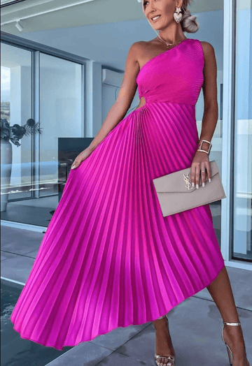 Elegant Collection | One Shoulder Maxi Dress with Pleated Skirt | Sophisticated Long Dress for Special Occasions
