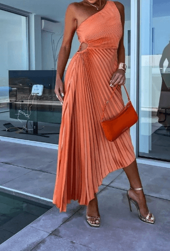 Elegant Collection | One Shoulder Maxi Dress with Pleated Skirt | Sophisticated Long Dress for Special Occasions