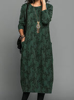 Elegant Collection | Women's Midi Dress with Artistic Print & Long Sleeves | Perfect for Weddings and Special Occasions