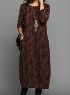 Elegant Collection | Women's Midi Dress with Artistic Print & Long Sleeves | Perfect for Weddings and Special Occasions