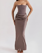 Elegant Draped Maxi Dress for Women with Strapless Neckline | Timeless Long Dress for Weddings and Formal Events