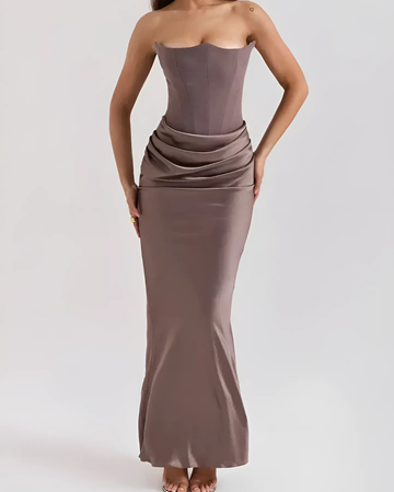 Elegant Draped Maxi Dress for Women with Strapless Neckline | Timeless Long Dress for Weddings and Formal Events