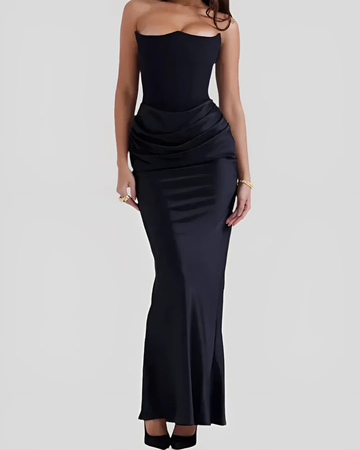 Elegant Draped Maxi Dress for Women with Strapless Neckline | Timeless Long Dress for Weddings and Formal Events