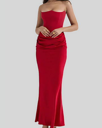 Elegant Draped Maxi Dress for Women with Strapless Neckline | Timeless Long Dress for Weddings and Formal Events