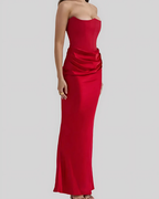 Elegant Draped Maxi Dress for Women with Strapless Neckline | Timeless Long Dress for Weddings and Formal Events