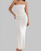 Elegant Draped Maxi Dress for Women with Strapless Neckline | Timeless Long Dress for Weddings and Formal Events