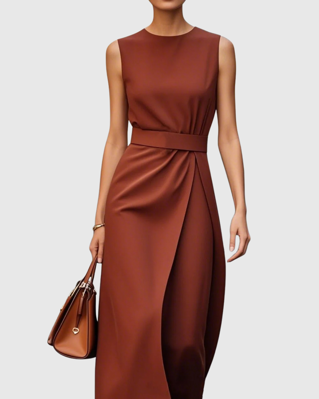 Elegant Draped Women's Dress with Round Neckline | Flattering Silhouette for Wedding Guests