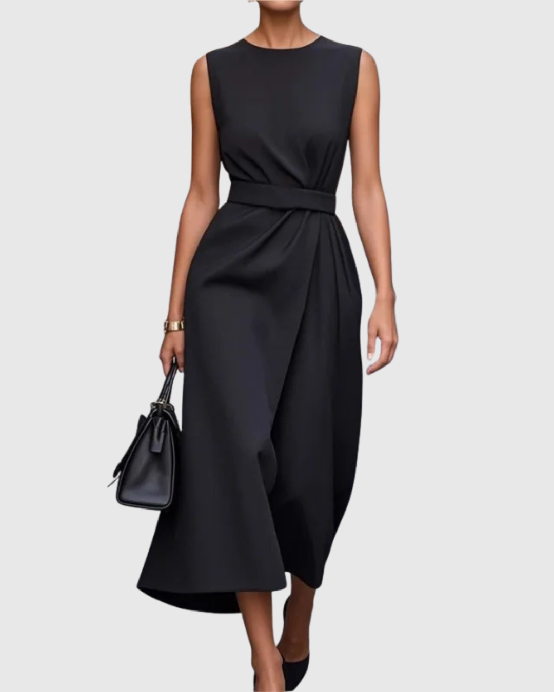Elegant Draped Women's Dress with Round Neckline | Flattering Silhouette for Wedding Guests