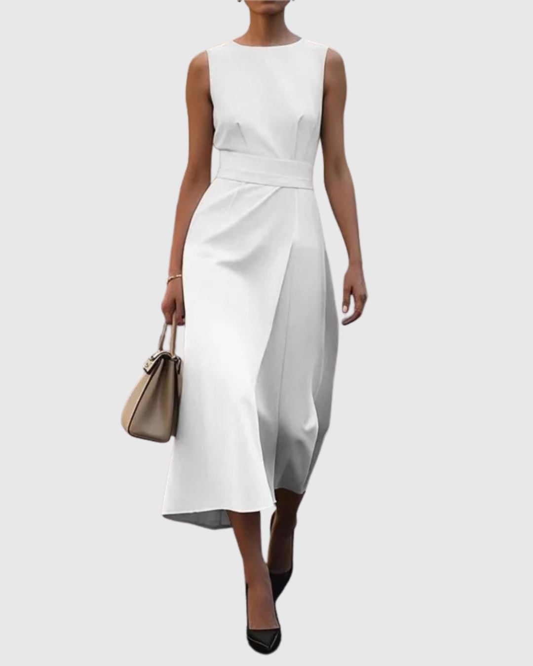 Elegant Draped Women's Dress with Round Neckline | Flattering Silhouette for Wedding Guests