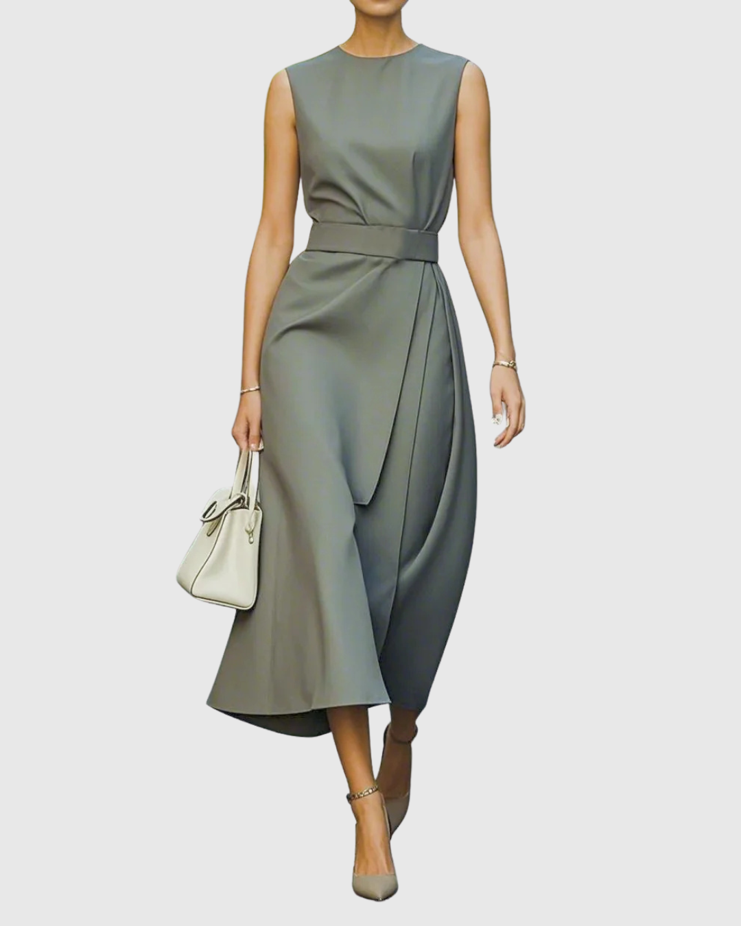 Elegant Draped Women's Dress with Round Neckline | Flattering Silhouette for Wedding Guests