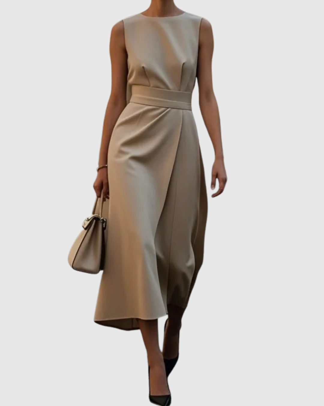 Elegant Draped Women's Dress with Round Neckline | Flattering Silhouette for Wedding Guests