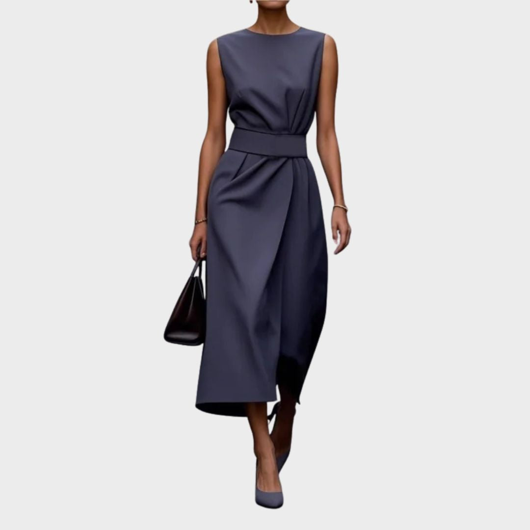 Elegant Draped Women's Dress with Round Neckline | Flattering Silhouette for Wedding Guests