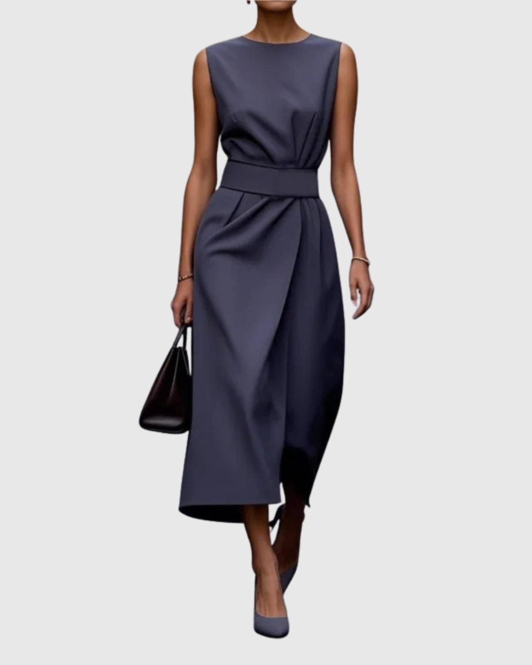 Elegant Draped Women's Dress with Round Neckline | Flattering Silhouette for Wedding Guests