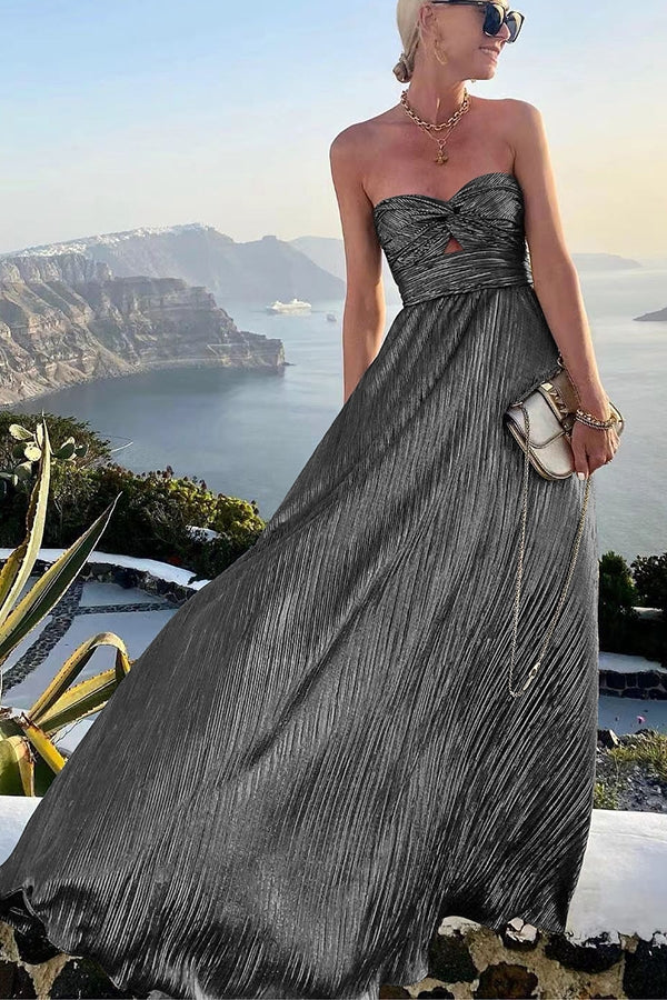 Elegant Evening Wear | Women's Strapless Metallic Maxi Dress with Pleated Design | Perfect for Formal Events