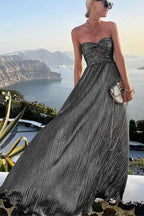 Elegant Evening Wear | Women's Strapless Metallic Maxi Dress with Pleated Design | Perfect for Formal Events
