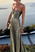 Elegant Evening Wear | Women's Strapless Metallic Maxi Dress with Pleated Design | Perfect for Formal Events