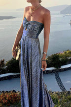 Elegant Evening Wear | Women's Strapless Metallic Maxi Dress with Pleated Design | Perfect for Formal Events