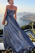 Elegant Evening Wear | Women's Strapless Metallic Maxi Dress with Pleated Design | Perfect for Formal Events