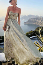 Elegant Evening Wear | Women's Strapless Metallic Maxi Dress with Pleated Design | Perfect for Formal Events