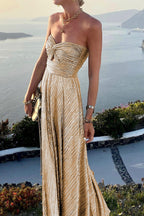 Elegant Evening Wear | Women's Strapless Metallic Maxi Dress with Pleated Design | Perfect for Formal Events