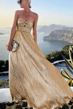 Elegant Evening Wear | Women's Strapless Metallic Maxi Dress with Pleated Design | Perfect for Formal Events