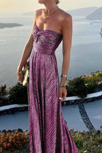 Elegant Evening Wear | Women's Strapless Metallic Maxi Dress with Pleated Design | Perfect for Formal Events