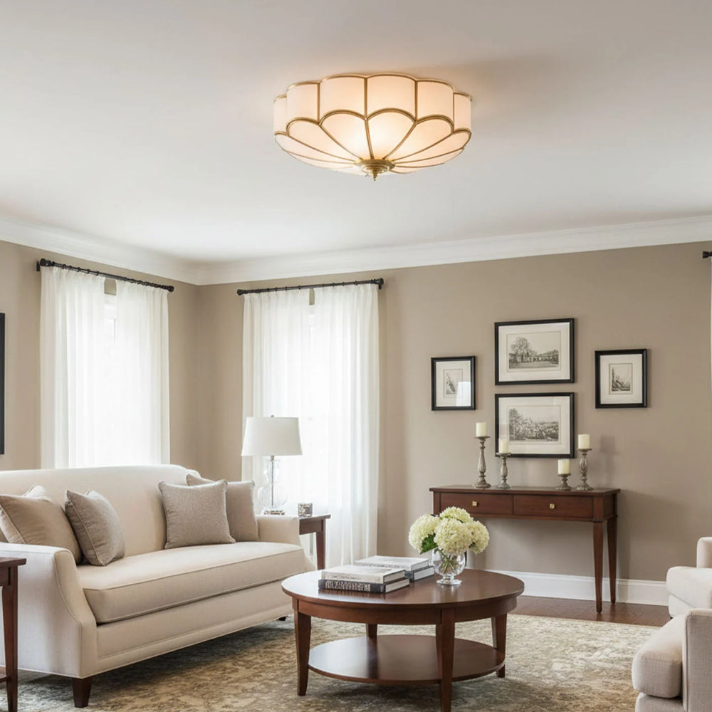 Flower Glass Flush Mount Ceiling Light, Frosted Brass Frame, Dimmable, Modern