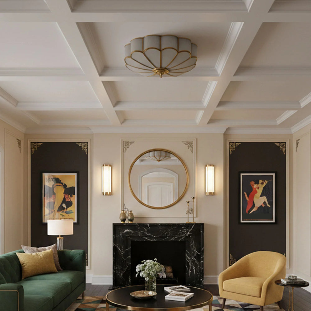 Flower Glass Flush Mount Ceiling Light, Frosted Brass Frame, Dimmable, Modern