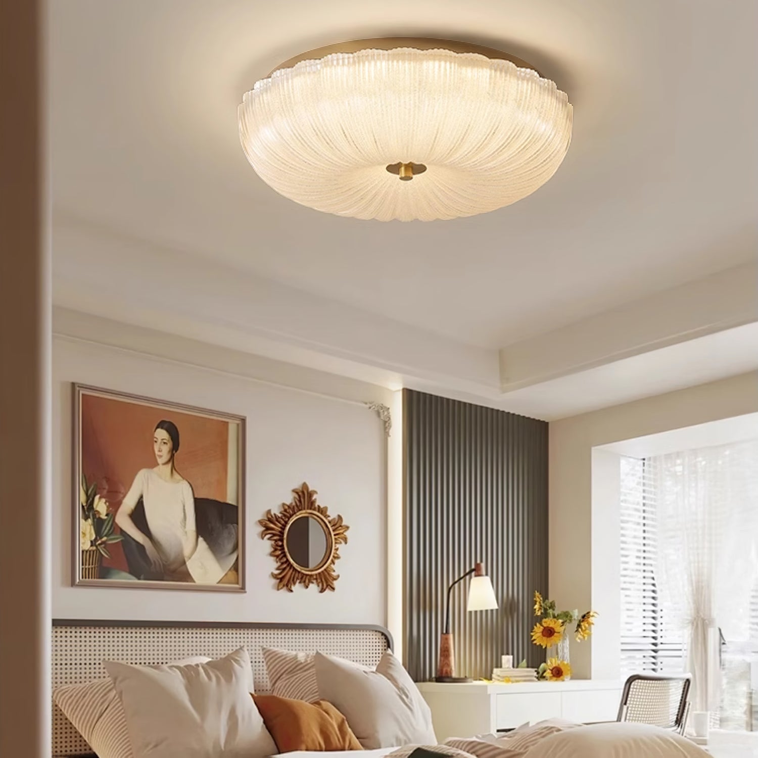 French Frosted Glass Flush Mount Ceiling Light, Dimmable LED, Gold, Bedroom