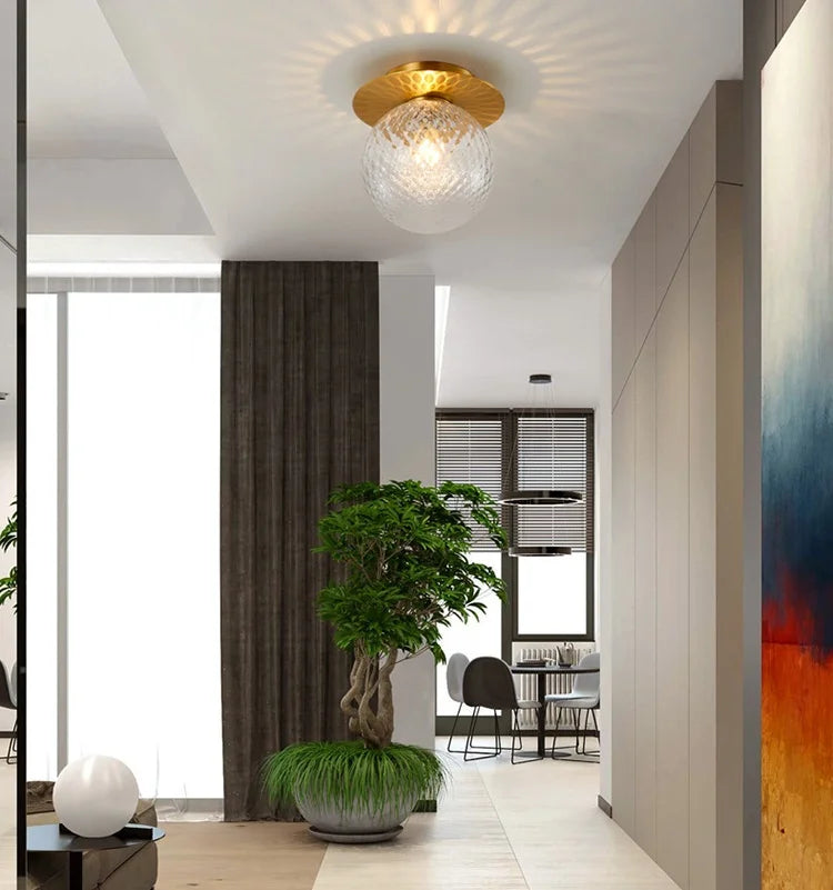 Glass Globe Flush Mount Ceiling Light, Brushed Brass, Dimmable, Gold Bronze