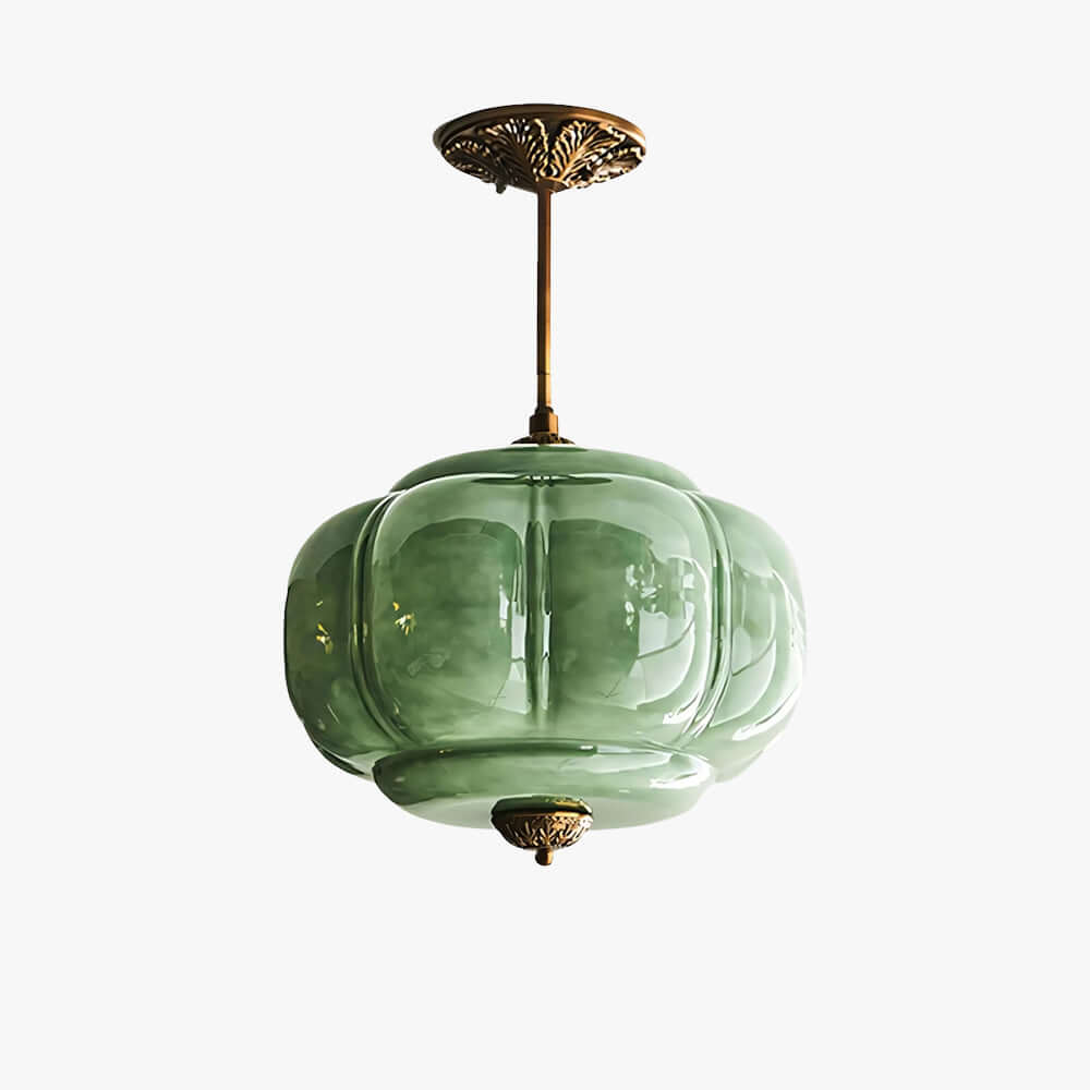 Elegant Green Glass Pendant Lighting with Antique Brass Accents for Stylish Kitchen Illumination