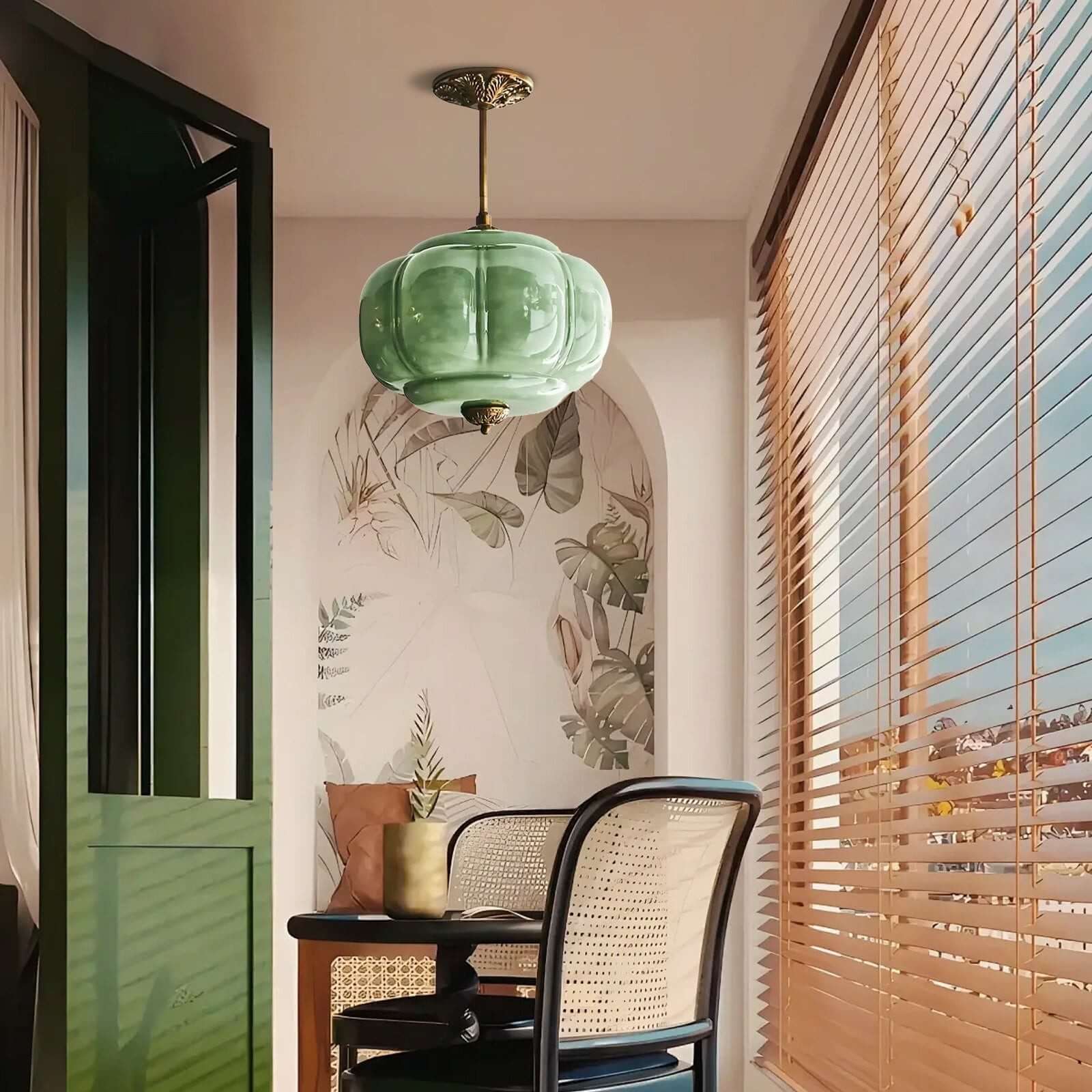 Elegant Green Glass Pendant Lighting with Antique Brass Accents for Stylish Kitchen Illumination