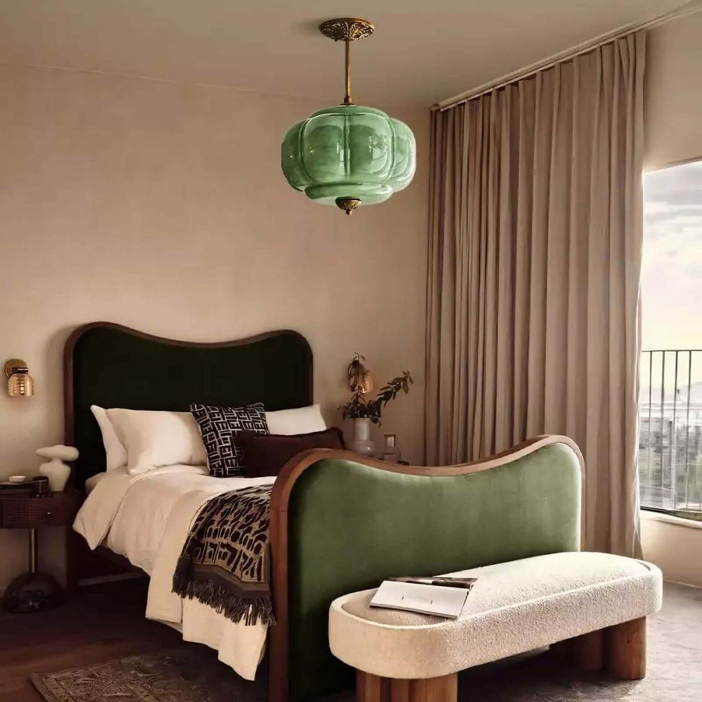 Elegant Green Glass Pendant Lighting with Antique Brass Accents for Stylish Kitchen Illumination