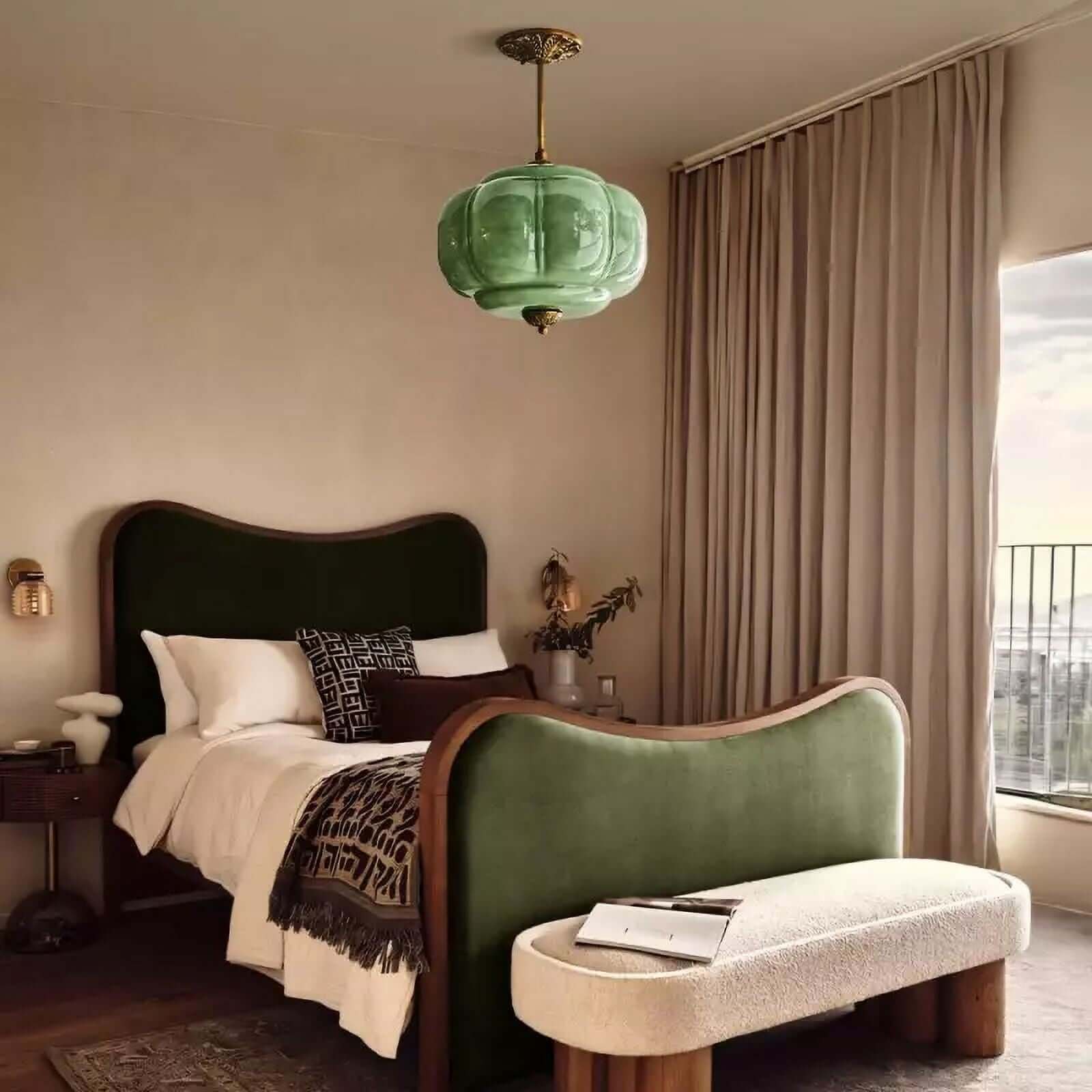 Elegant Green Glass Pendant Lighting with Antique Brass Accents for Stylish Kitchen Illumination