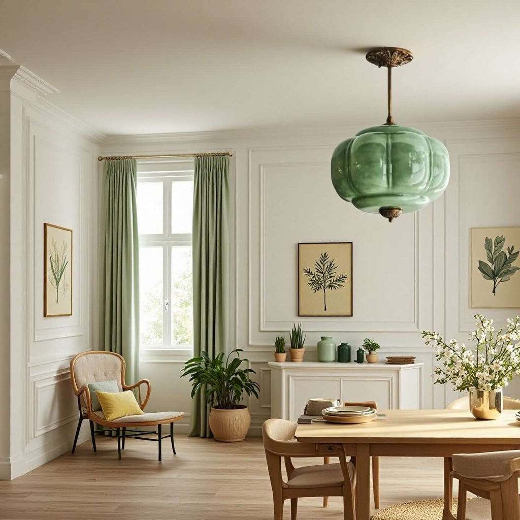 Elegant Green Glass Pendant Lighting with Antique Brass Accents for Stylish Kitchen Illumination
