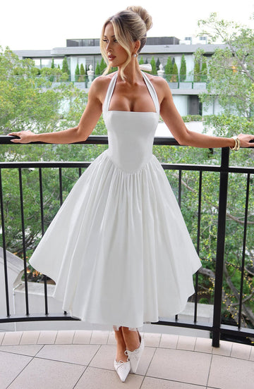 Elegant Halter Midi Dress | Women's Wedding Guest Dress with Flattering Silhouette | Perfect for Formal Events