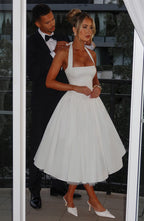 Elegant Halter Midi Dress | Women's Wedding Guest Dress with Flattering Silhouette | Perfect for Formal Events