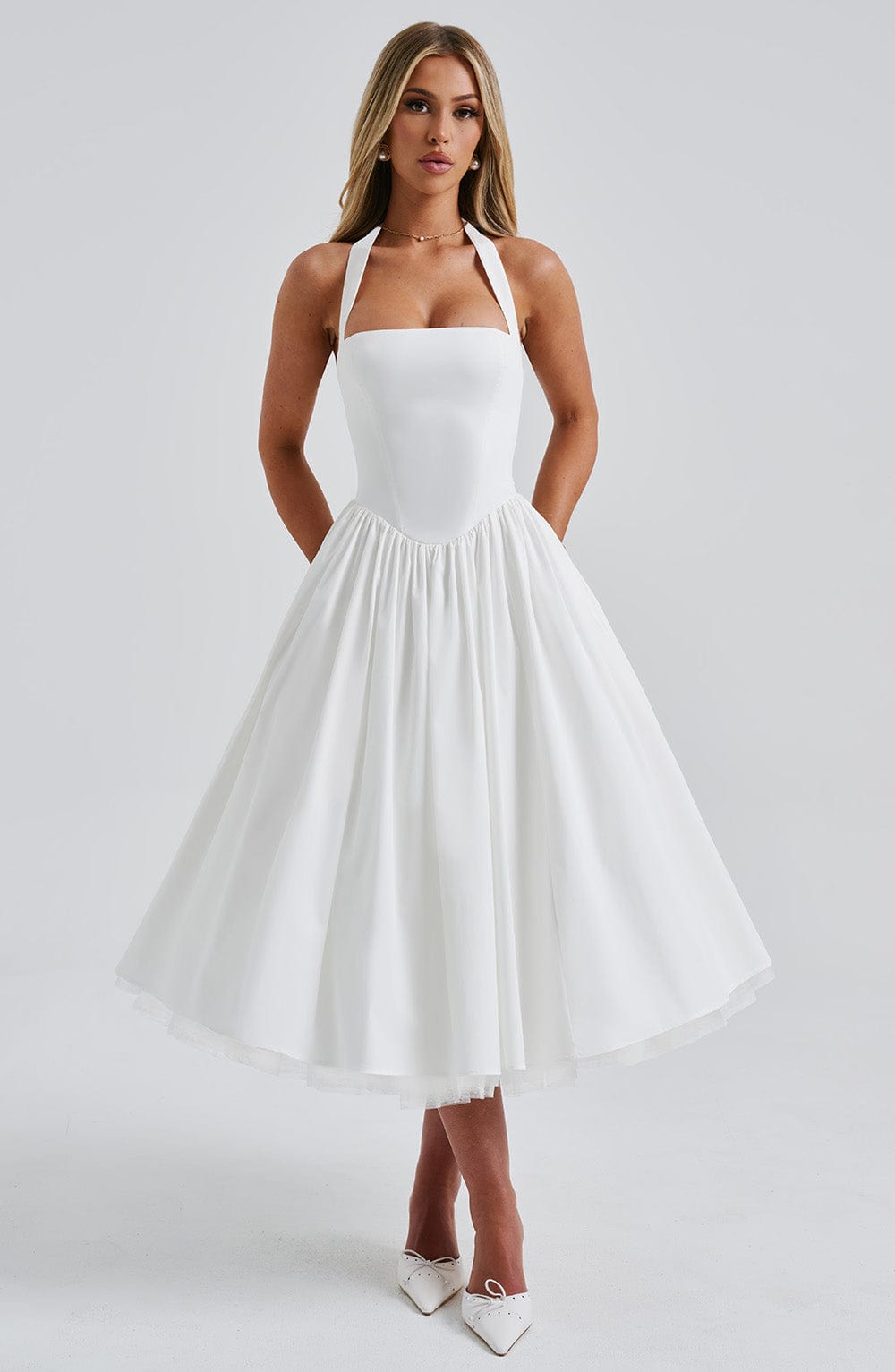 Elegant Halter Midi Dress | Women's Wedding Guest Dress with Flattering Silhouette | Perfect for Formal Events